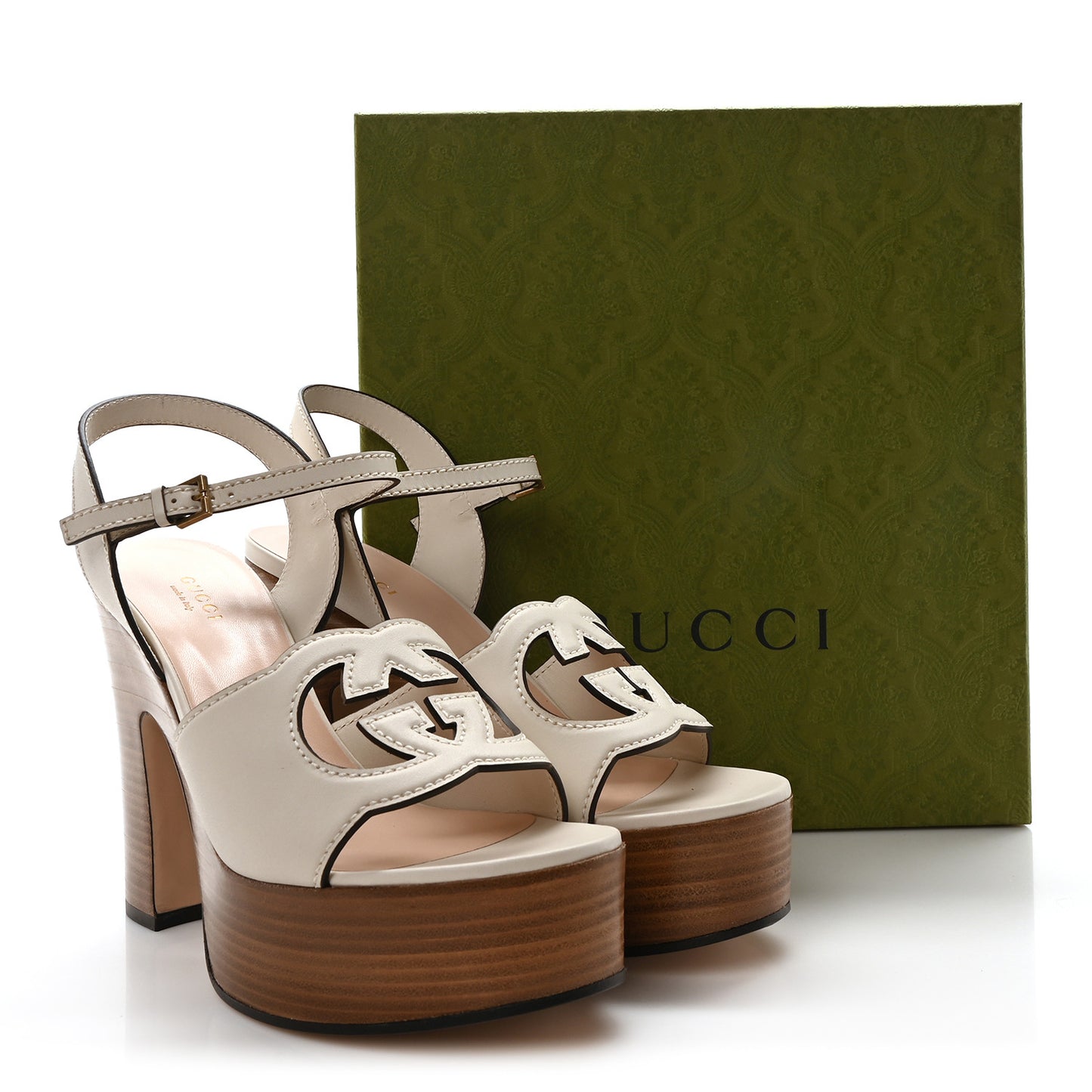 Cosmos Softy Calfskin Wooden Interlocking G Cut-Out 30/120mm Platform Sandals 40 Mystic White