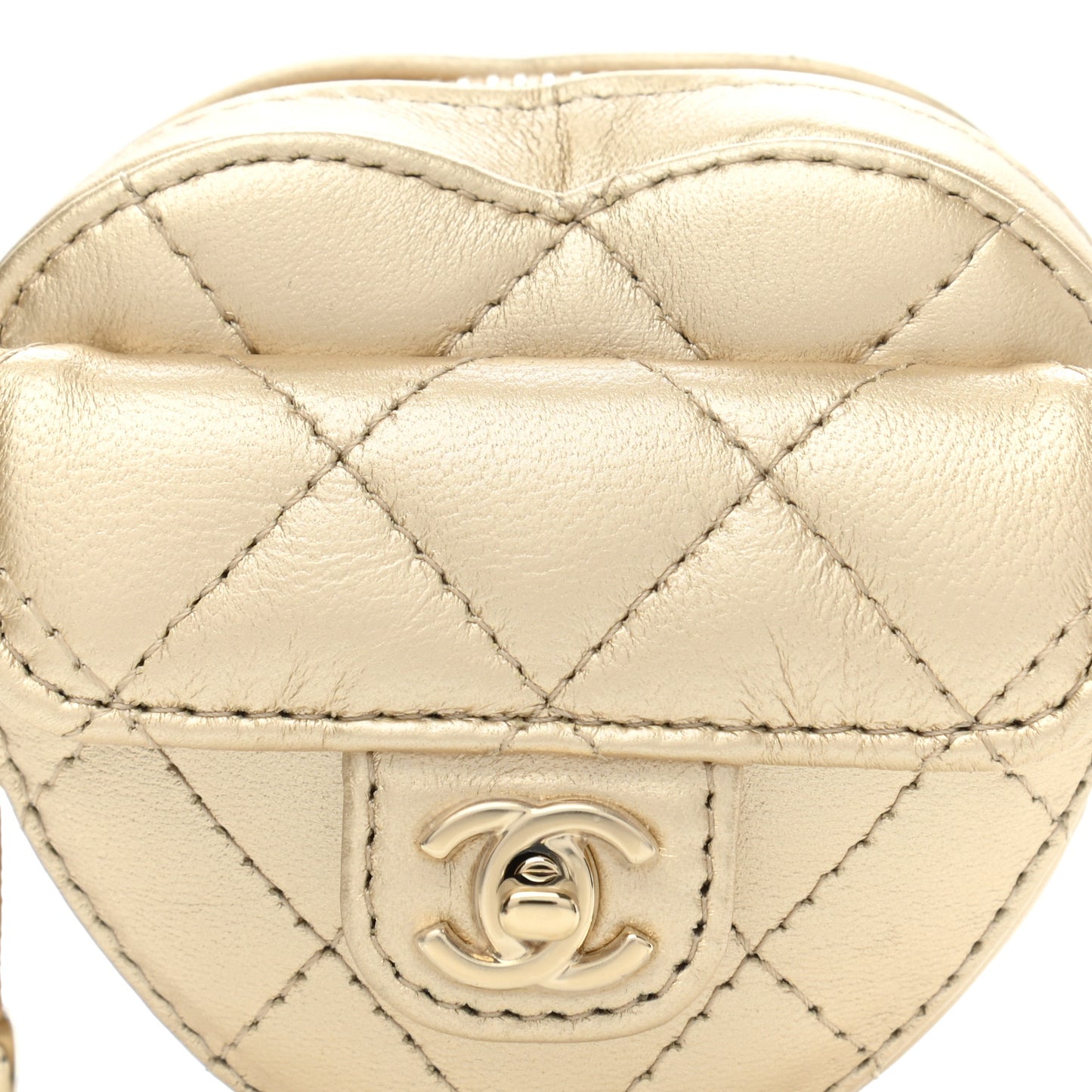 Metallic Lambskin Quilted CC In Love Heart Zipped Arm Coin Purse Gold