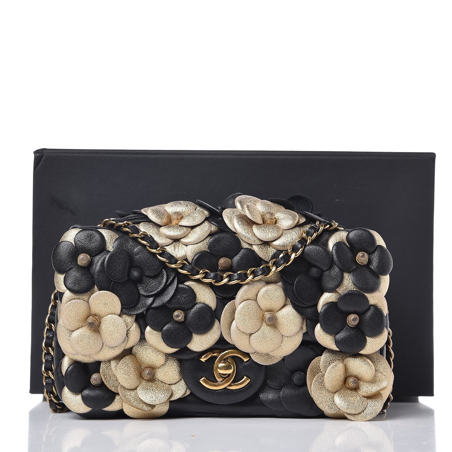 Metallic Lambskin Quilted Mini Camellia Flap Black Gold