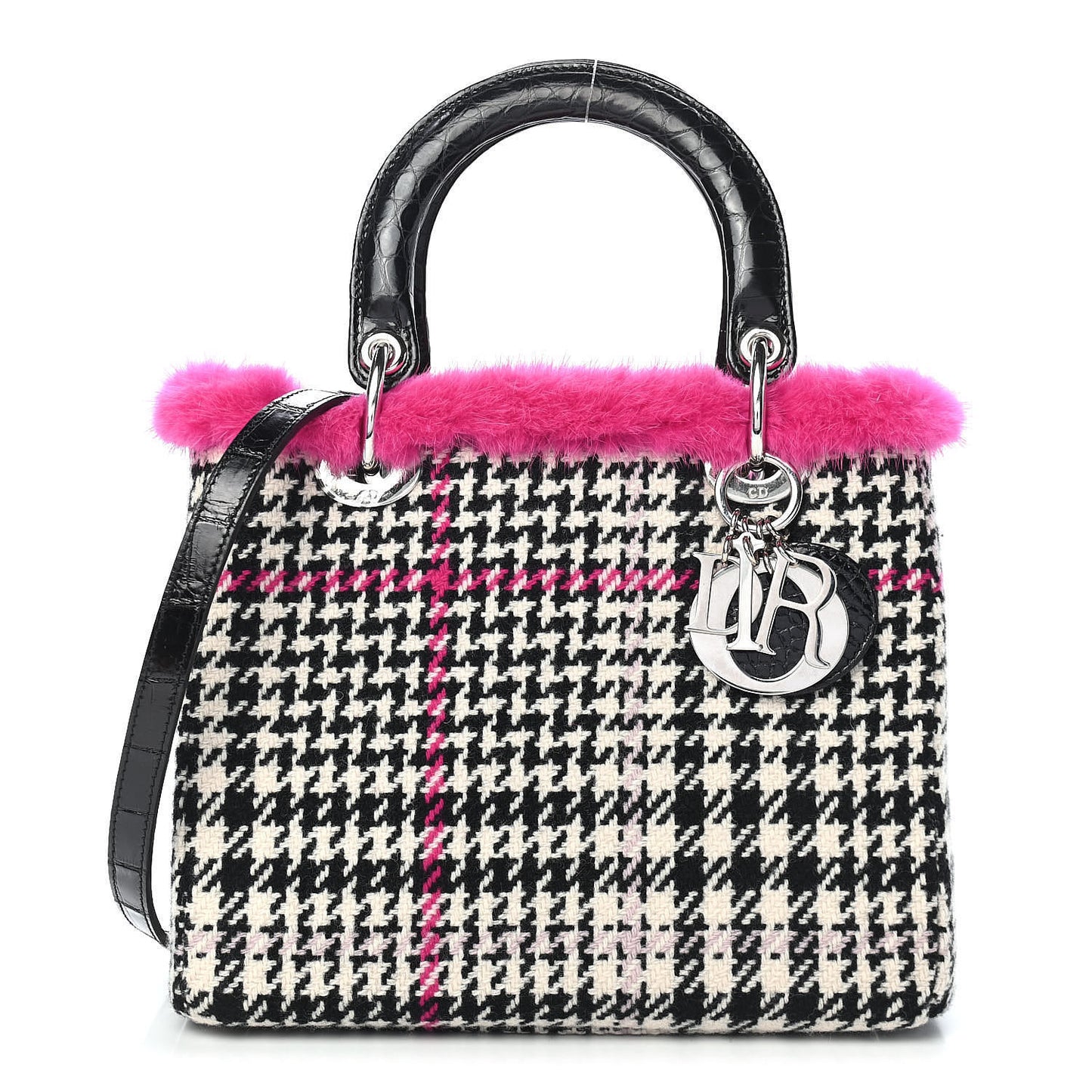 Tweed Crocodile Mink Plaid Medium Lady Dior Black Pink White