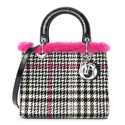 Christian Dior Tweed Crocodile Mink Plaid Medium Lady Dior Black Pink White 1 of 9