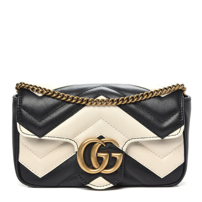 Gucci Calfskin Matelasse Super Mini GG Marmont Shoulder Bag Black White 1 of 13