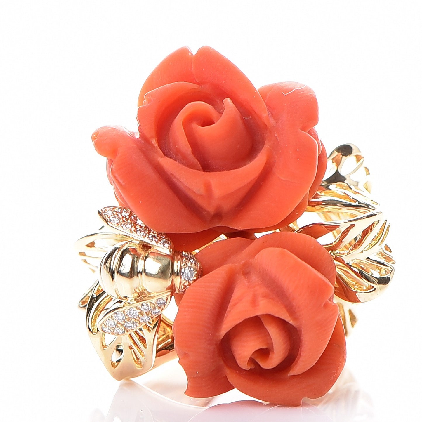 18K Yellow Gold Red Coral Diamond Large Rose Dior Pre Catelan Ring 53 6.5