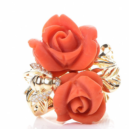 Christian Dior 18K Yellow Gold Red Coral Diamond Large Rose Dior Pre Catelan Ring 53 6.5 1 of 7