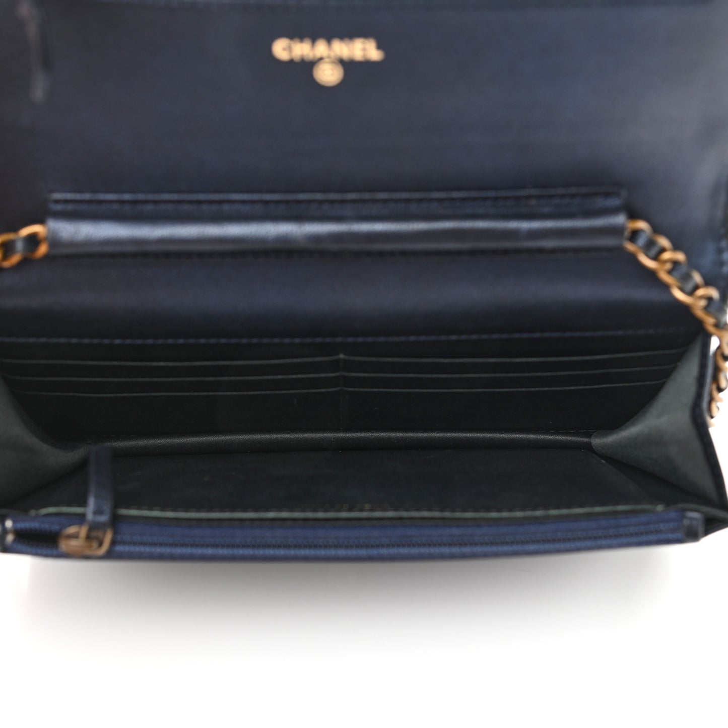 Goatskin Camellia Embossed Wallet On Chain WOC Navy
