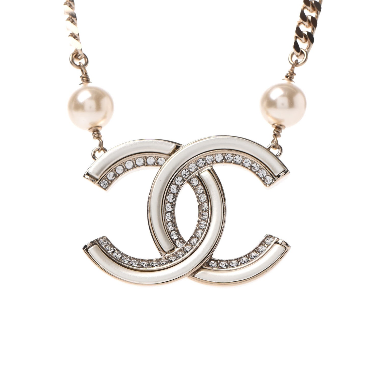 Crystal Pearl CC Necklace Gold