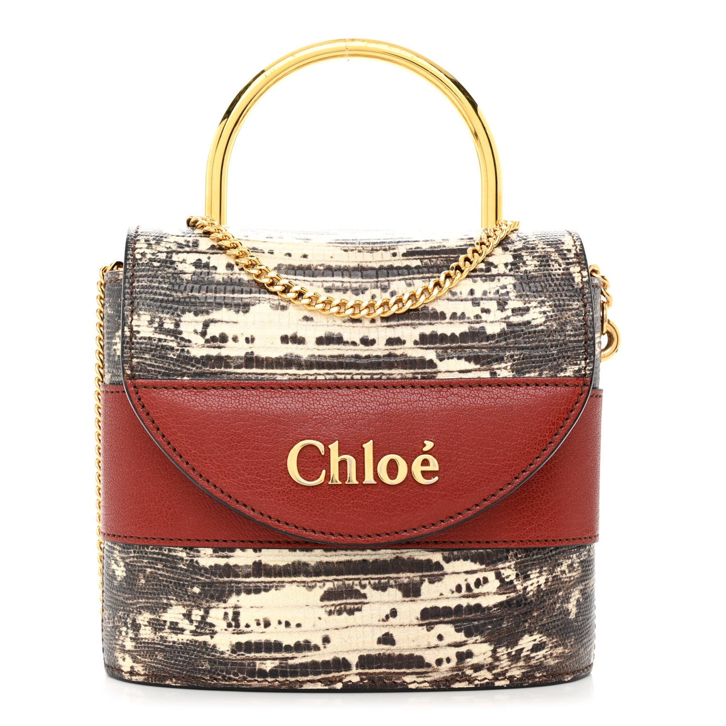 Calfskin Lizard Embossed Small Aby Lock Sepia Brown
