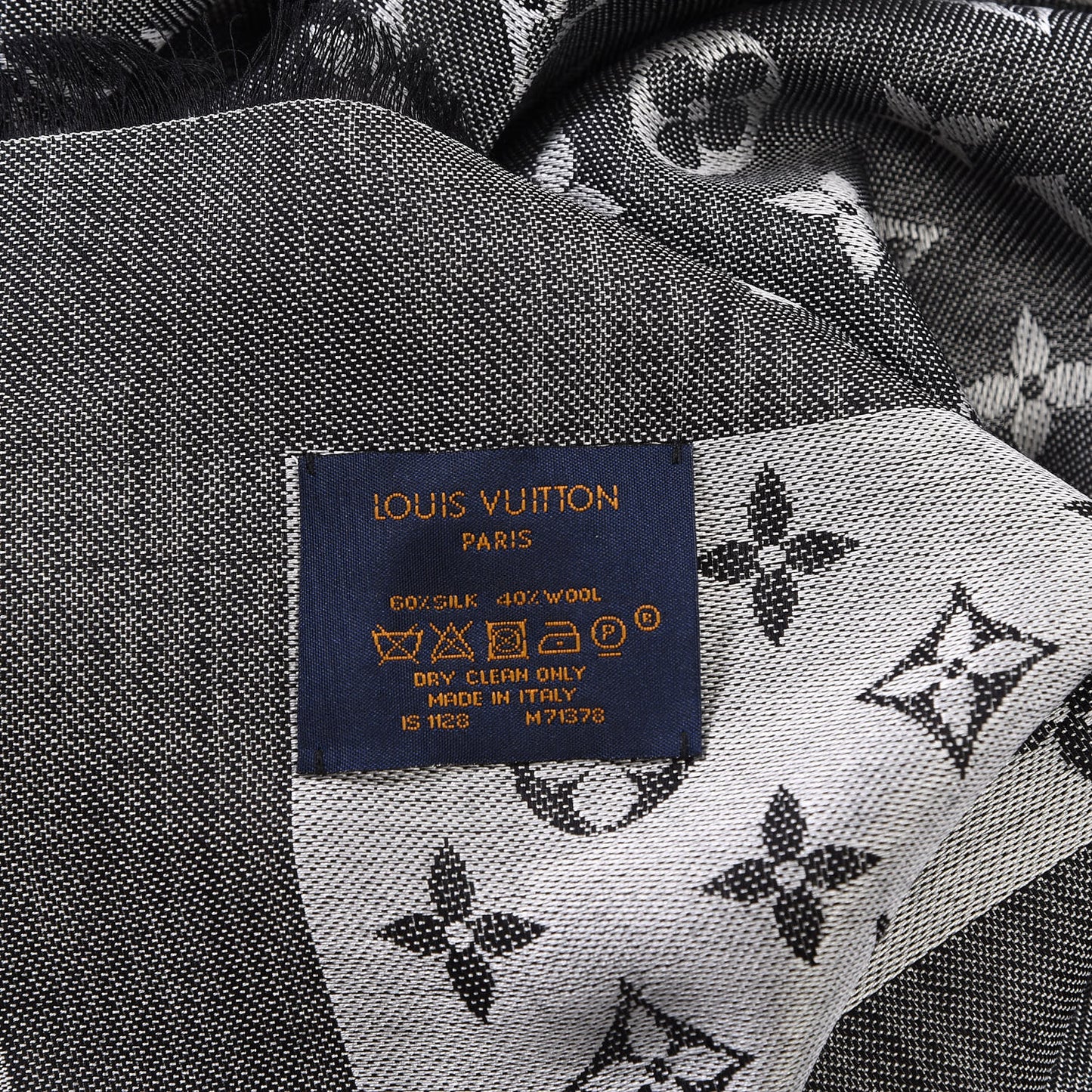 Wool Silk Monogram Denim Shawl Black