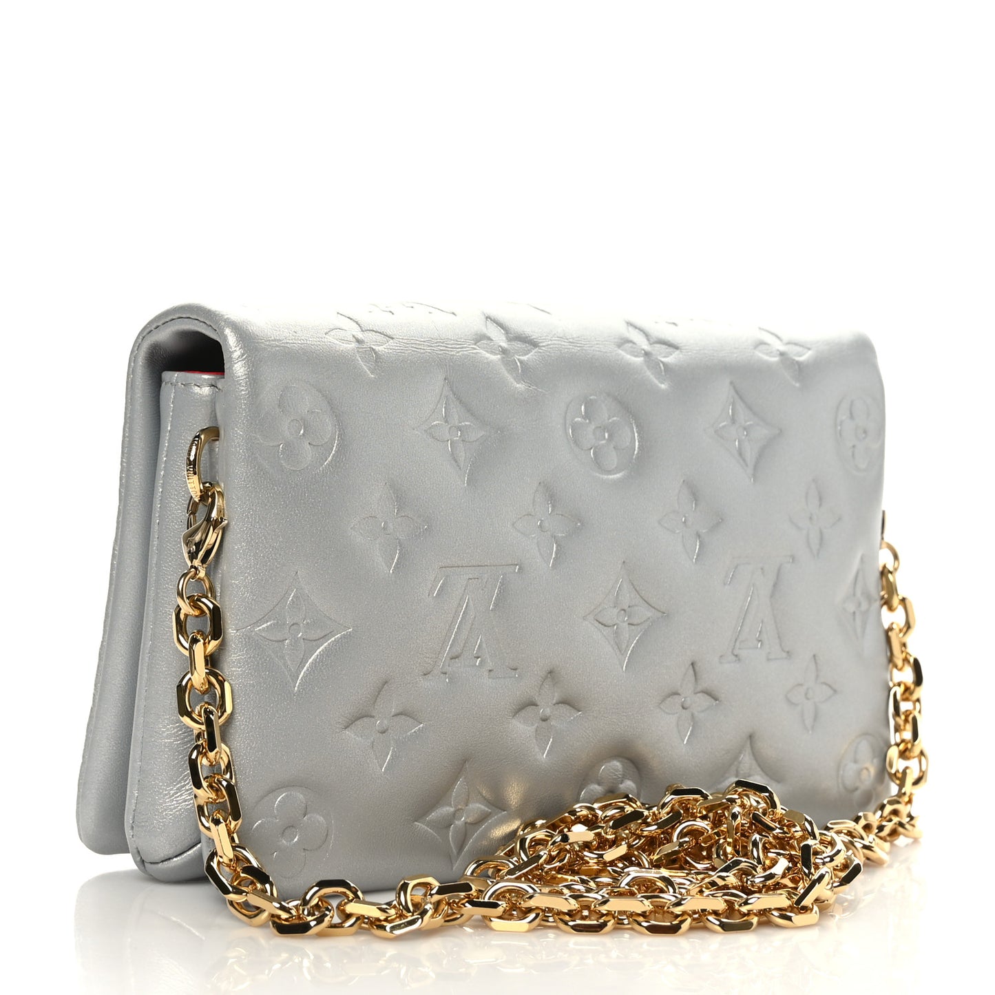 Metallic Lambskin Embossed Monogram Pochette Coussin Silver