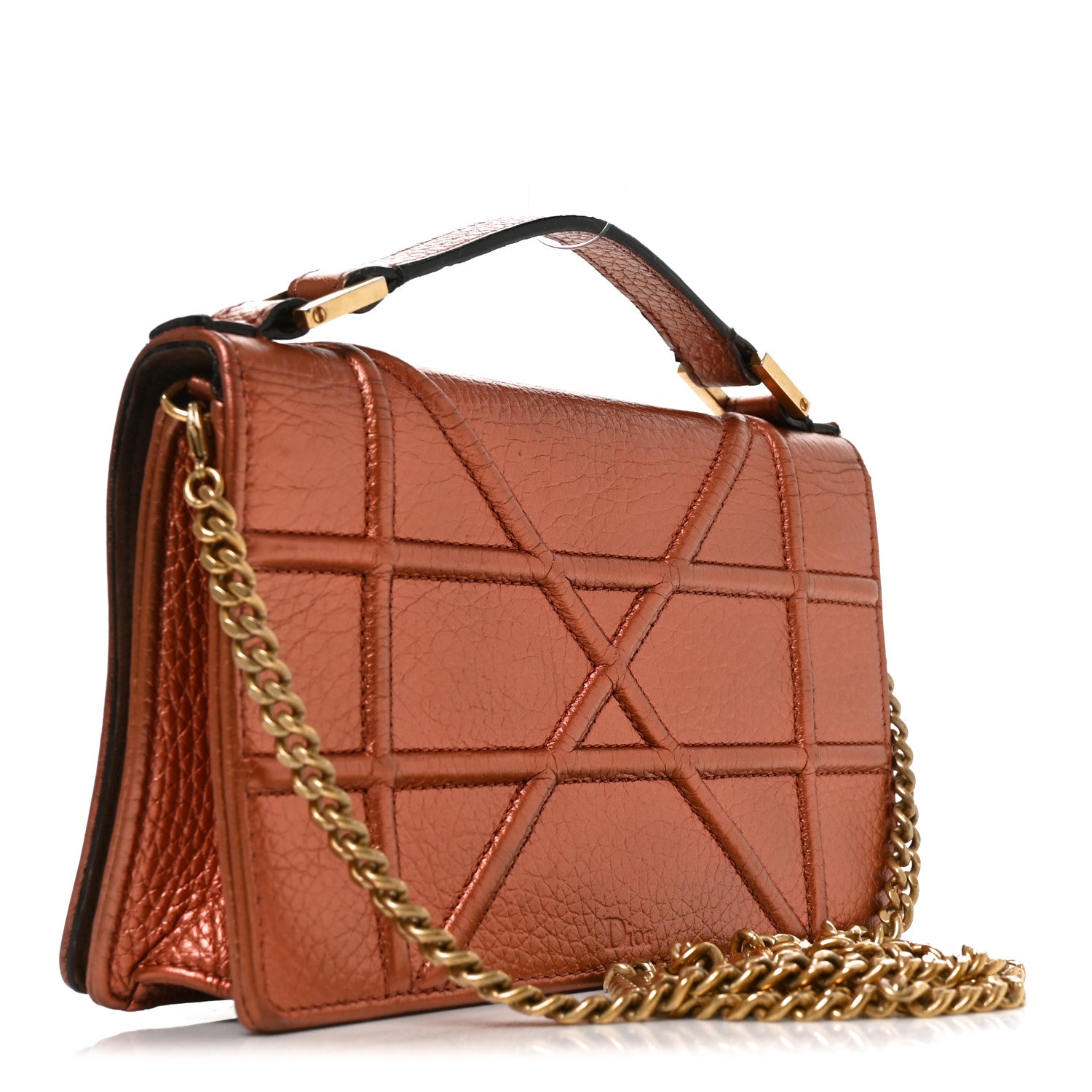 Christian Dior Metallic Grained Calfskin Diorama Top Handle Wallet On Chain Pouch Deep Orange 3 of 10
