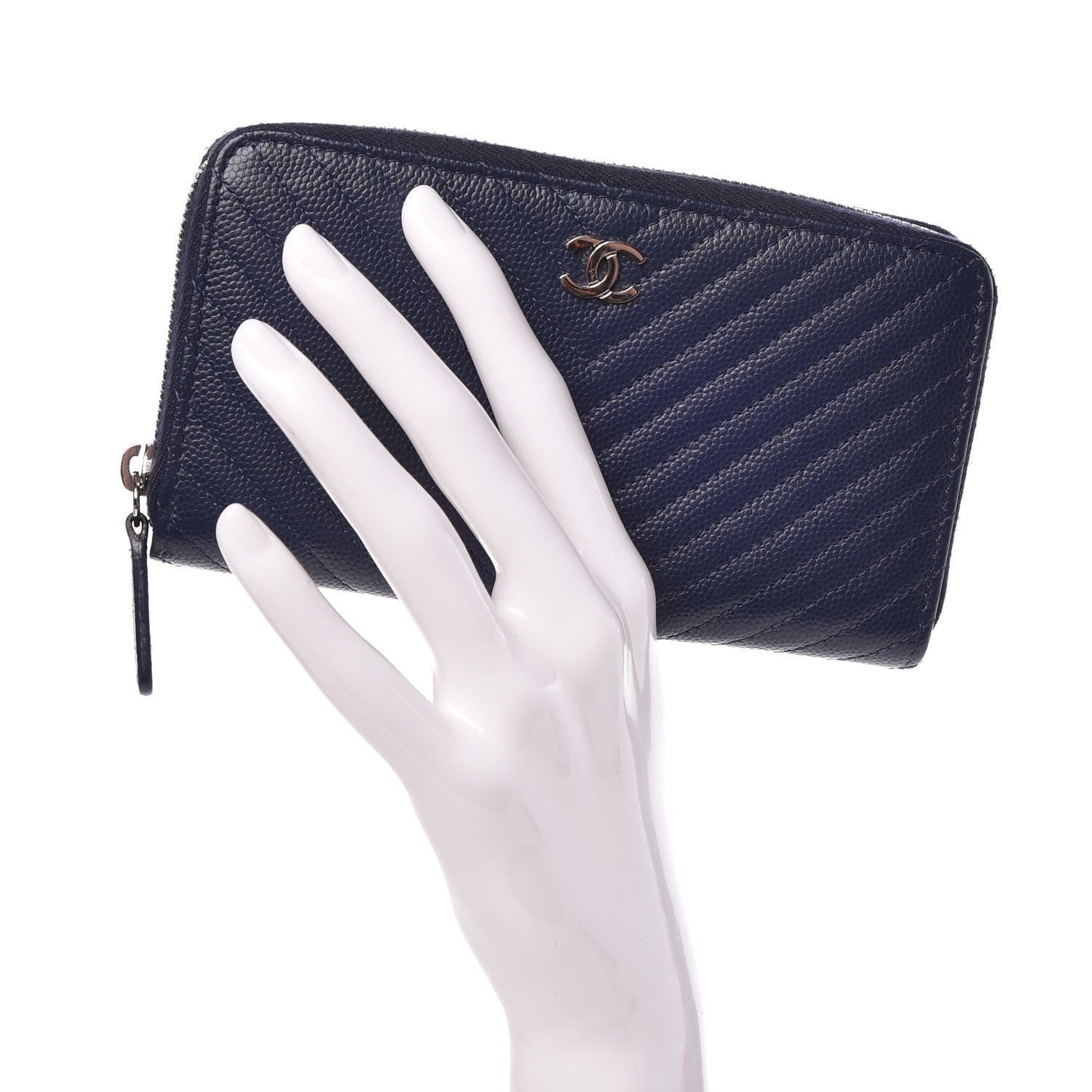 Chanel Caviar Chevron Quilted Small Zip Around Wallet Blue 2 of 9