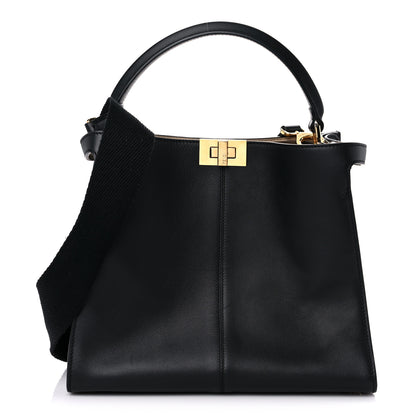 Fendi Vitello Seta Glazed Fabric FF 1974 Medium Peekaboo X-Lite Black Mogano Panna 1 of 13