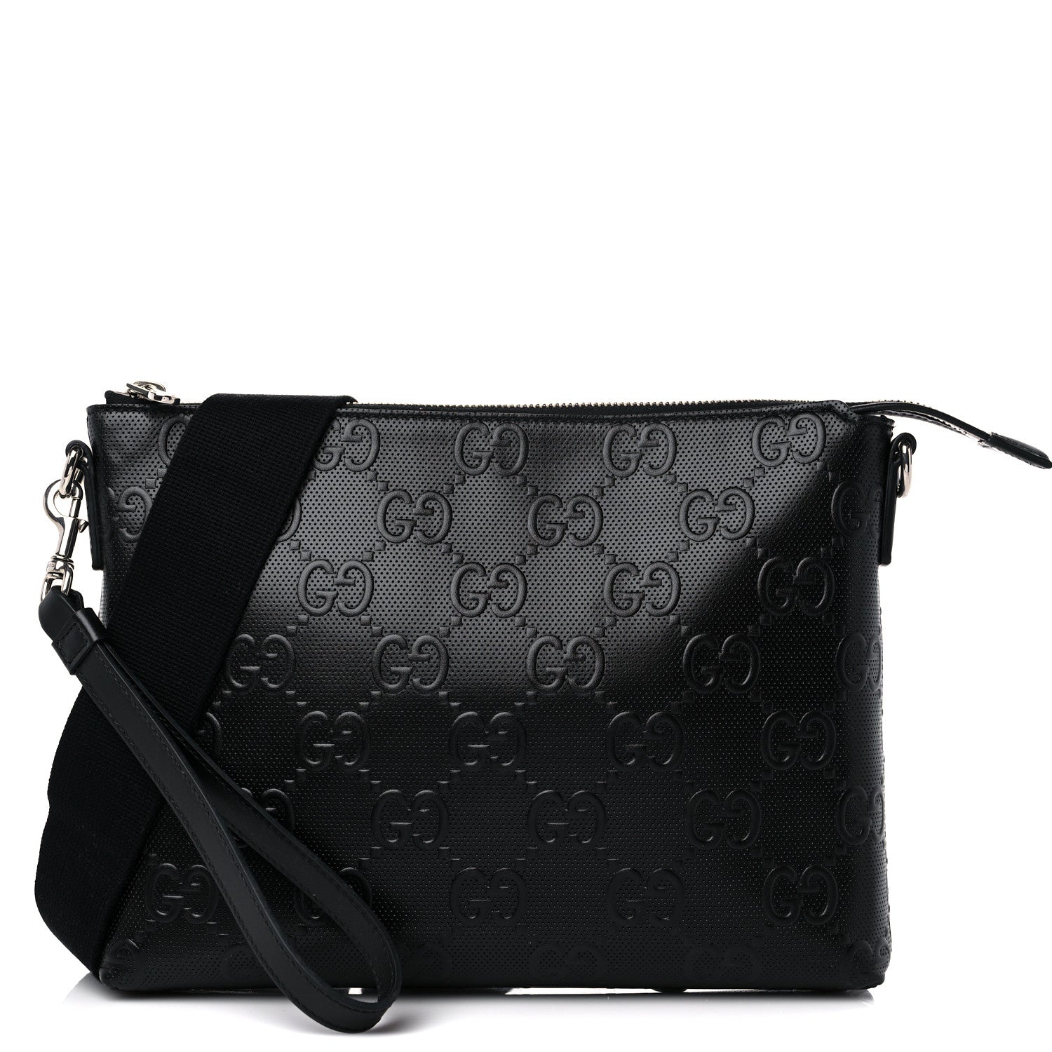 Gucci Calfskin GG Tennis Embossed Medium Wristlet Messenger Bag Black 1 of 9