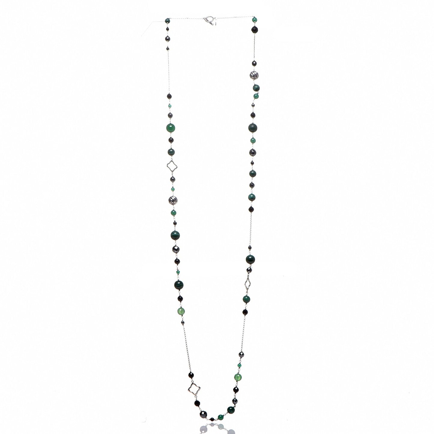 Sterling Silver Black Onyx Hematite Green Bead Elements Station Necklace