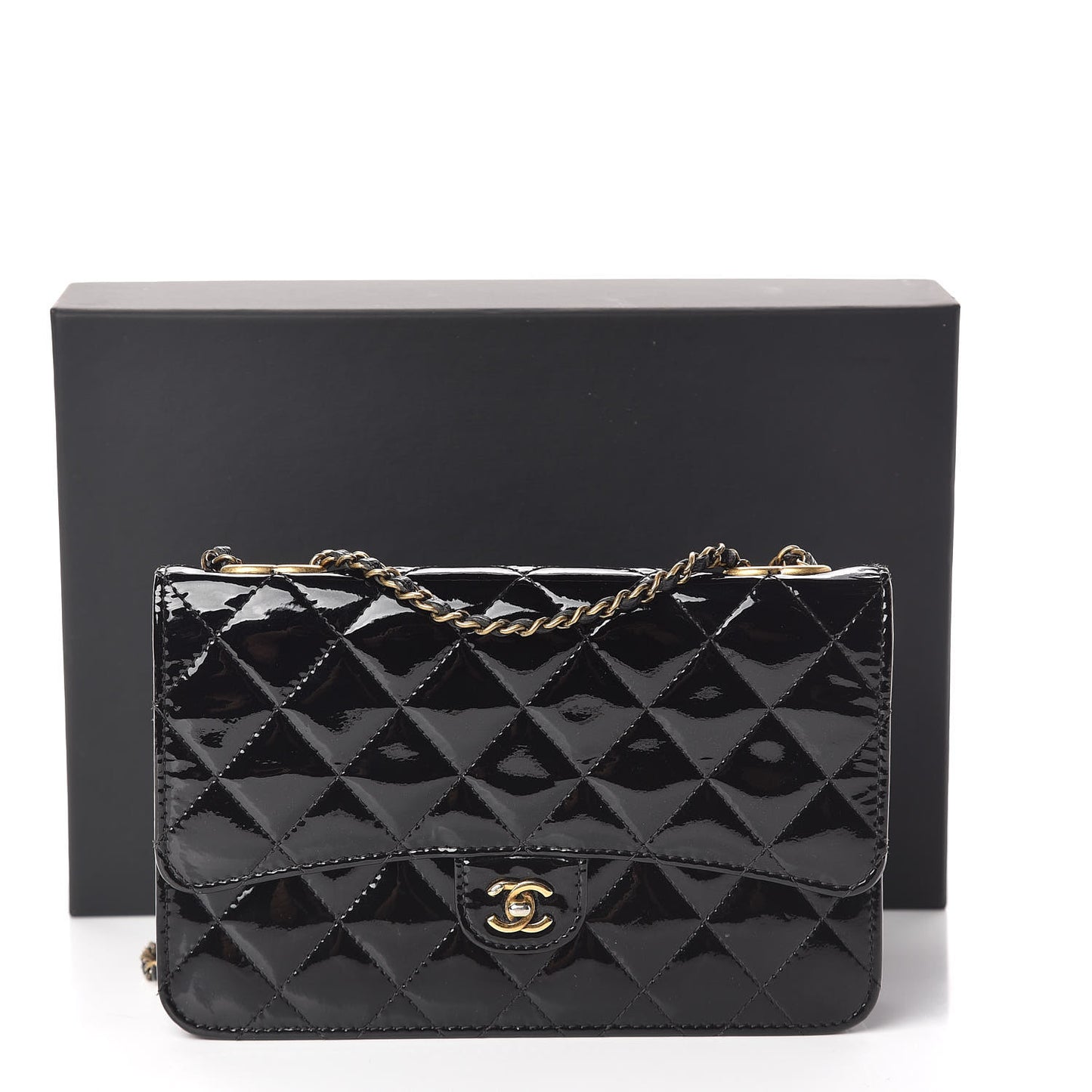 Patent Goatskin Quilted CC Eyelet Wallet On Chain WOC Black