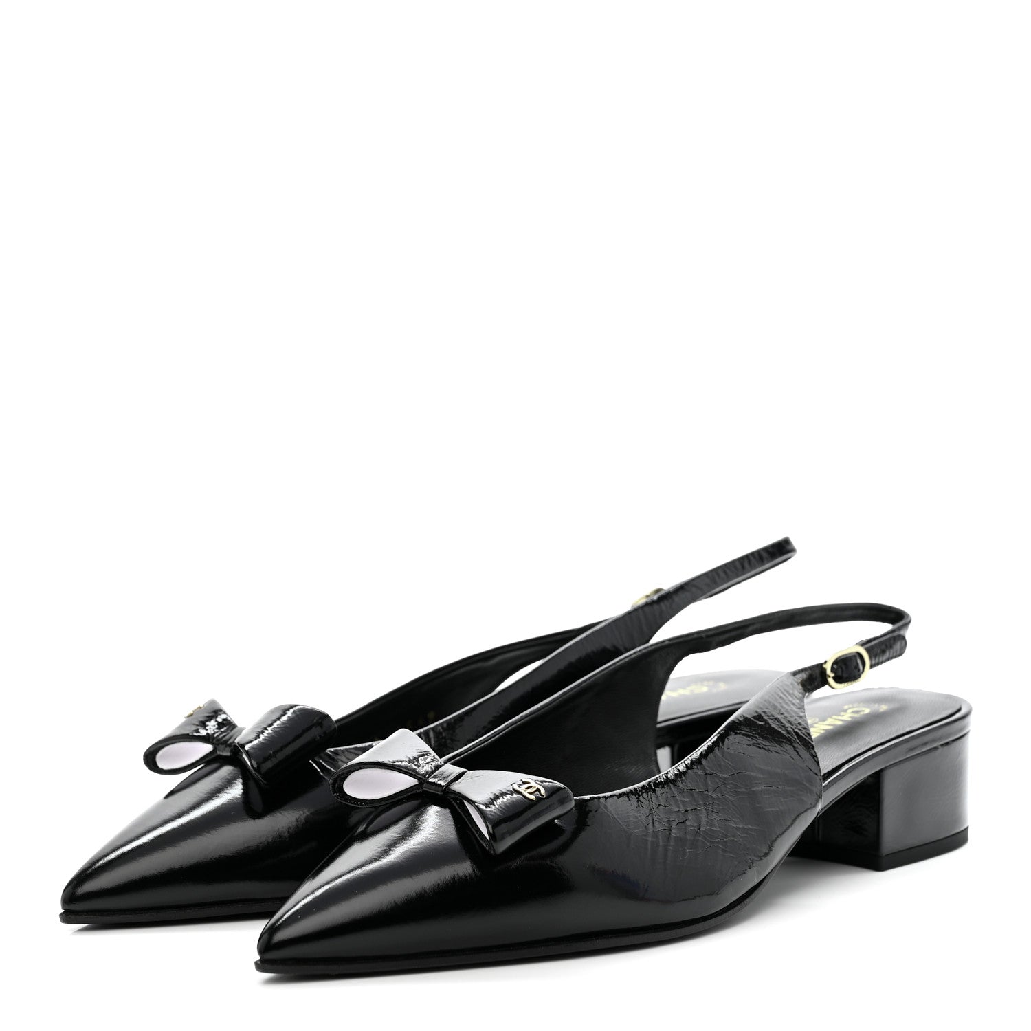 Chanel Crumpled Patent Calfskin CC Bow Slingback Pumps 38.5 Black 4 of 11