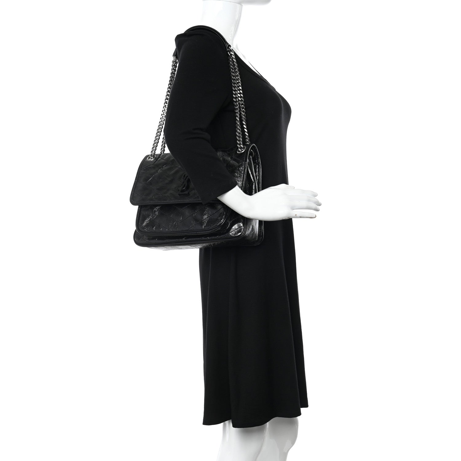Saint Laurent Crinkled Calfskin Matelasse Monogram Medium Niki Chain Satchel Black 2 of 10