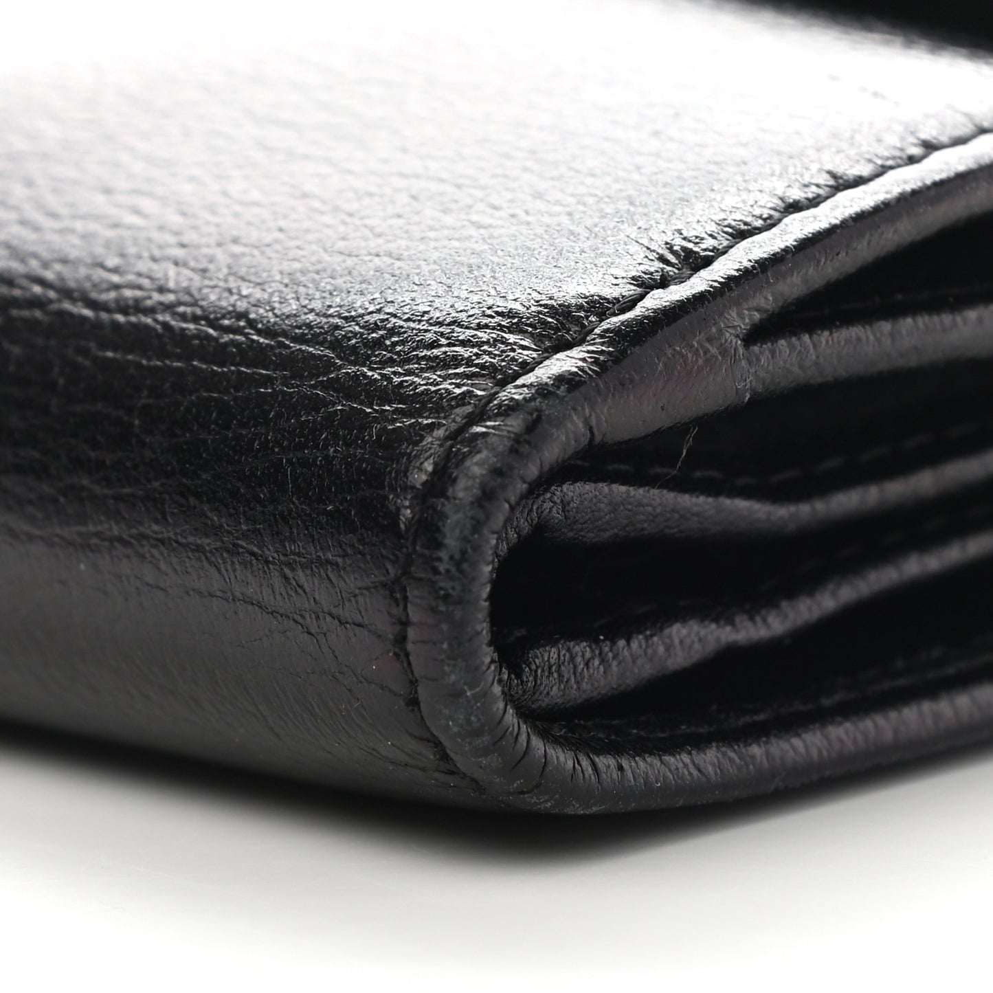 Glazed Goatskin Camellia Embossed French Flap Wallet Black