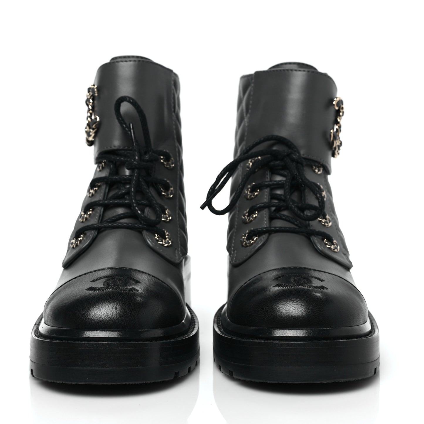 Shiny Lambskin Quilted Lace Up Combat Boots 38 Grey Black