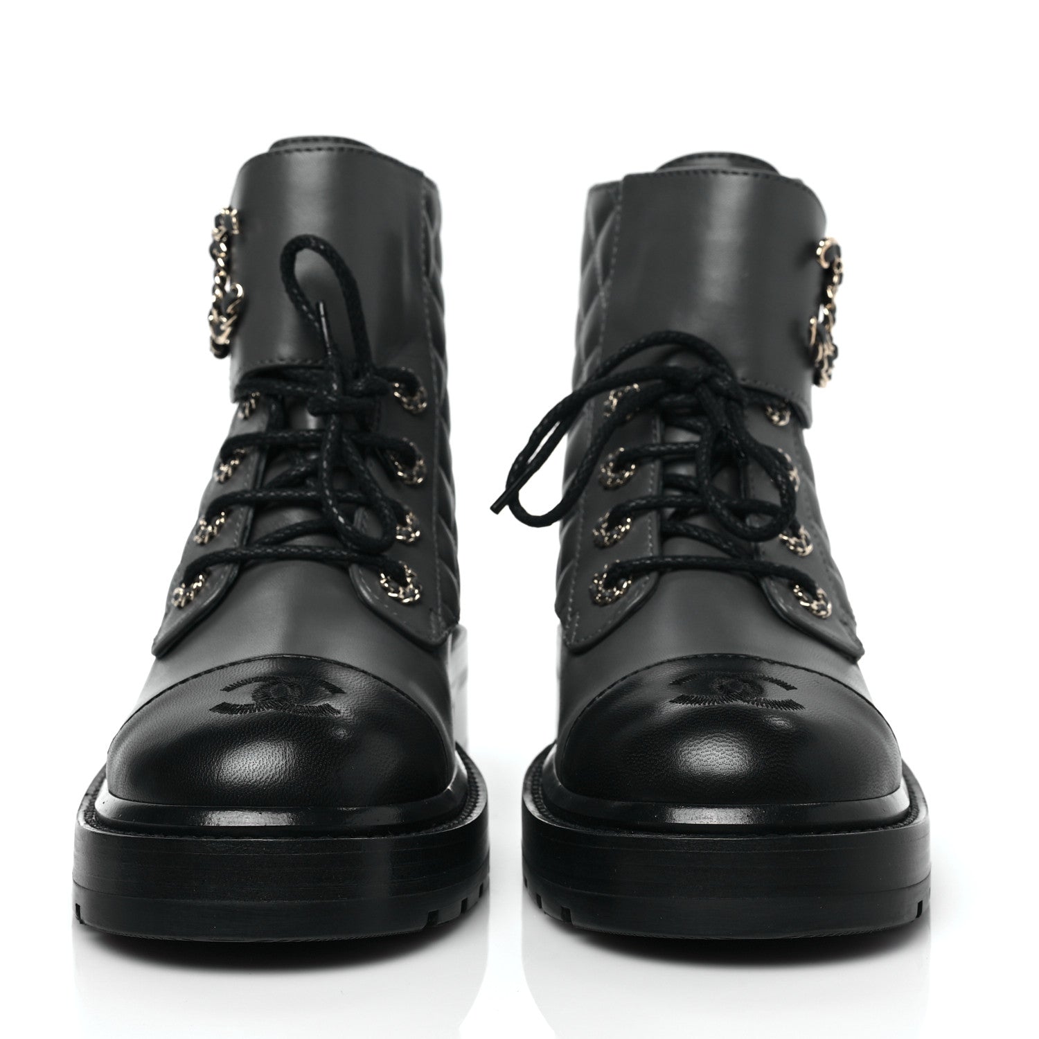Chanel Shiny Lambskin Quilted Lace Up Combat Boots 38 Grey Black 2 of 7