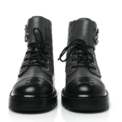 Chanel Shiny Lambskin Quilted Lace Up Combat Boots 38 Grey Black 2 of 7