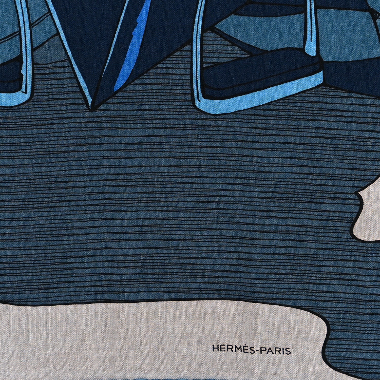 Hermes Silk Cashmere Mysterious Rider Shawl 140 Marine Gris Bleu Grise 2 of 4