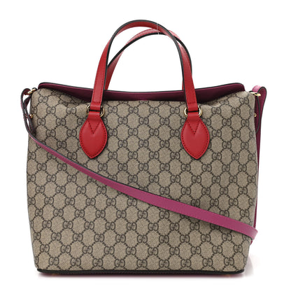 Gucci GG Supreme Monogram Linea A Foldover Tote Beige Hibiscus Red New Rosette 1 of 10
