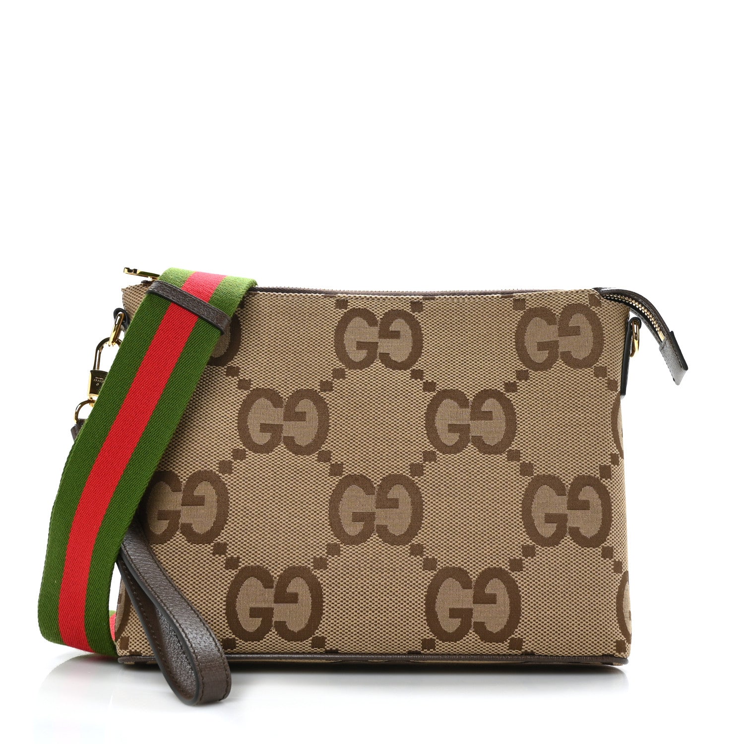 Gucci Monogram Jumbo GG Textured Dollar Calfskin Web Wristlet Messenger Bag Camel Ebony New Acero 1 of 9