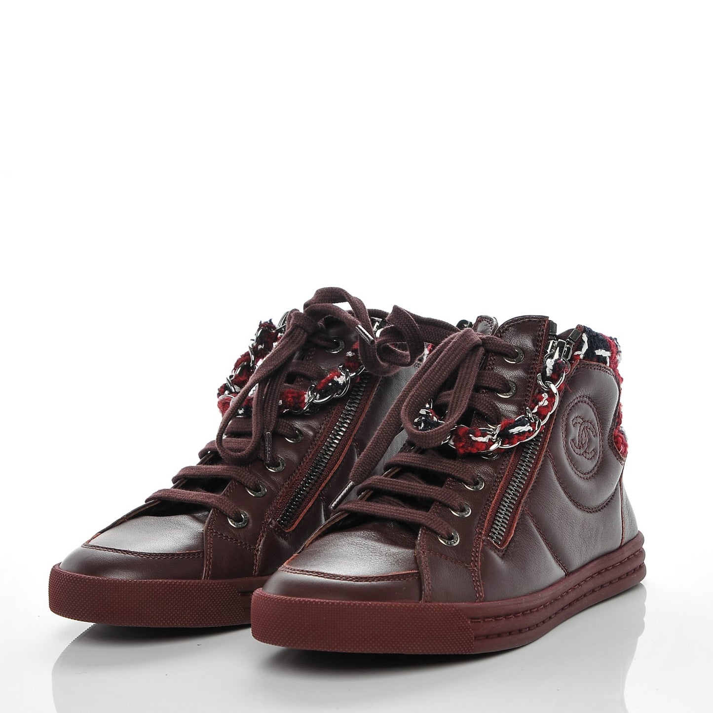 Lambskin Tweed Chain CC Sneakers 35 Burgundy Navy White