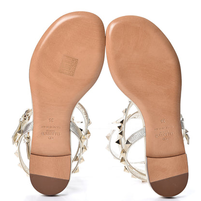 Valentino Garavani Metallic Nappa Rockstud Ankle Wrap Flat Thong Sandals 35 Platino 7 of 9