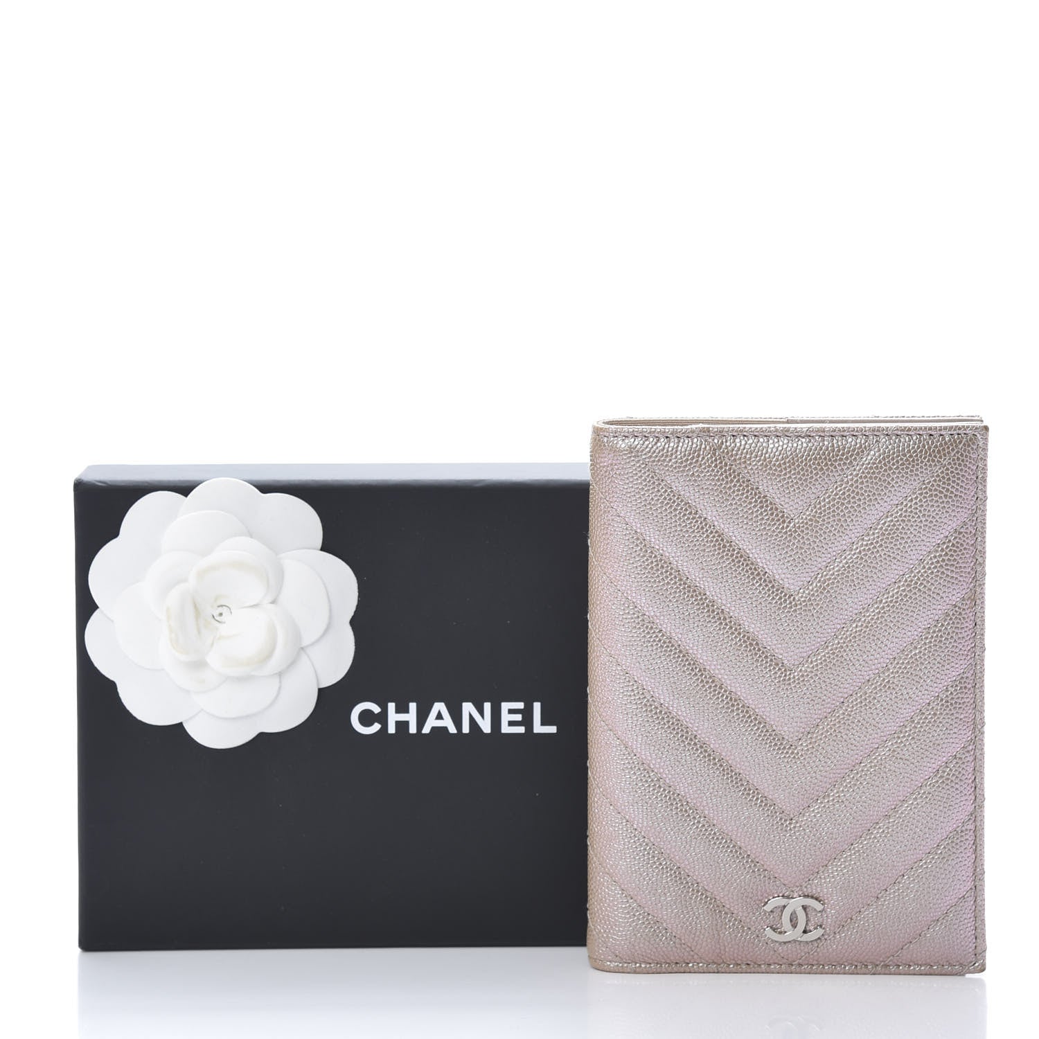 Chanel Metallic Caviar Chevron Quilted Passport Holder Light Gold 8 of 8