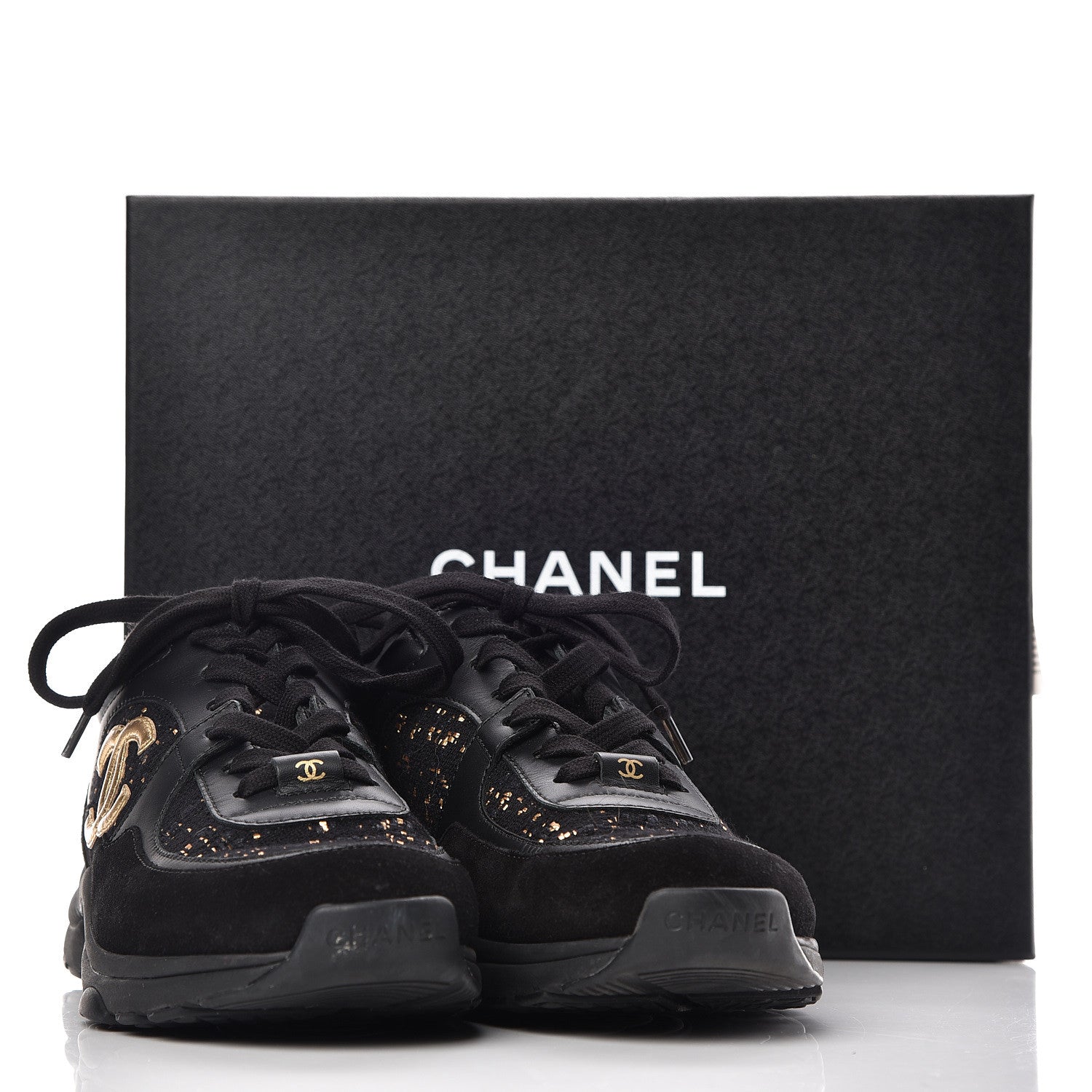 Chanel Velour Tweed CC Sneakers 37.5 Black Gold 8 of 8