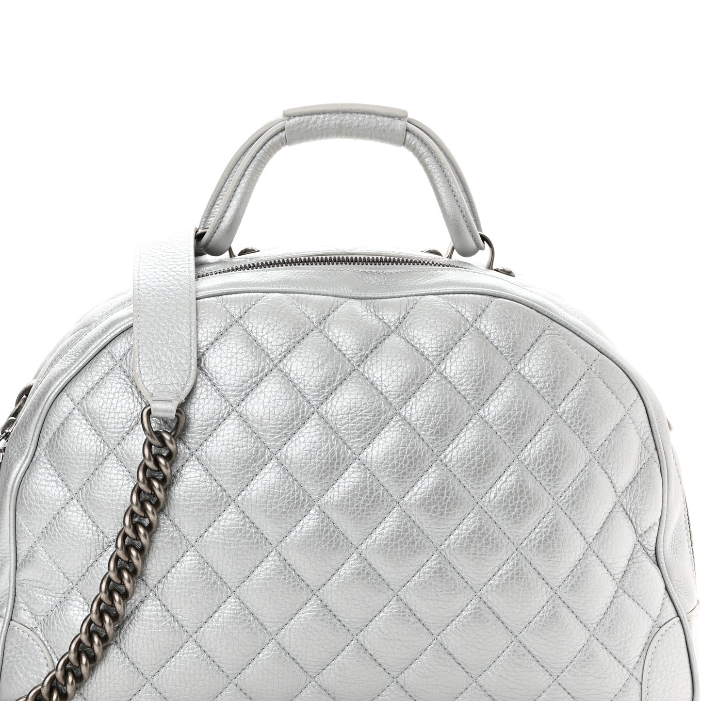 Metallic Calfskin Quilted Medium Airlines Round Trip Bowling Bag Silver