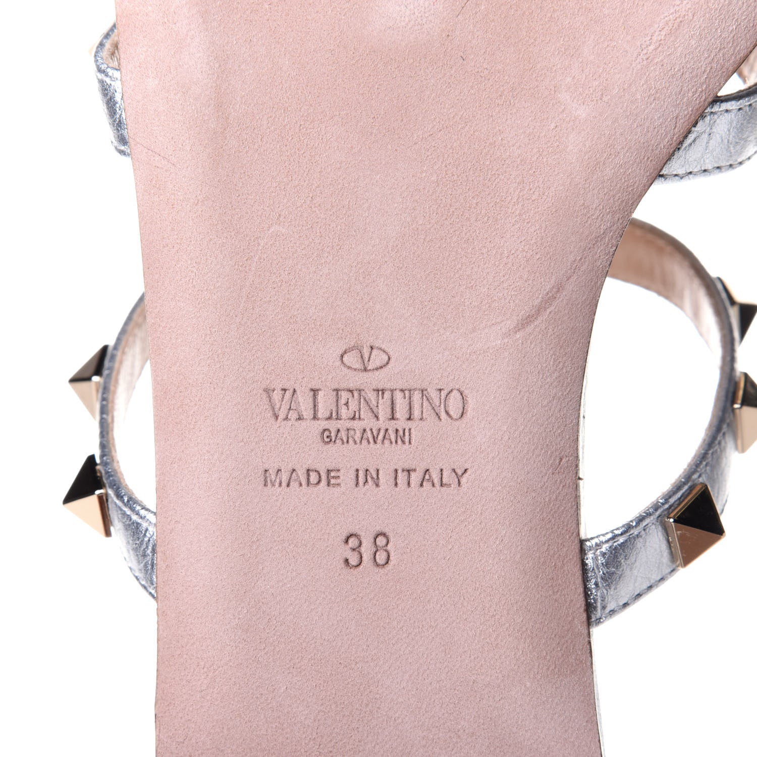 Valentino Garavani Metallic Pebbled Calfskin Rockstud Caged Flat Slide Sandals 38 Silver 4 of 5