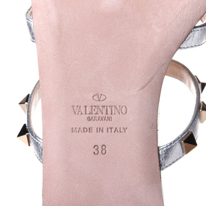 Valentino Garavani Metallic Pebbled Calfskin Rockstud Caged Flat Slide Sandals 38 Silver 4 of 5