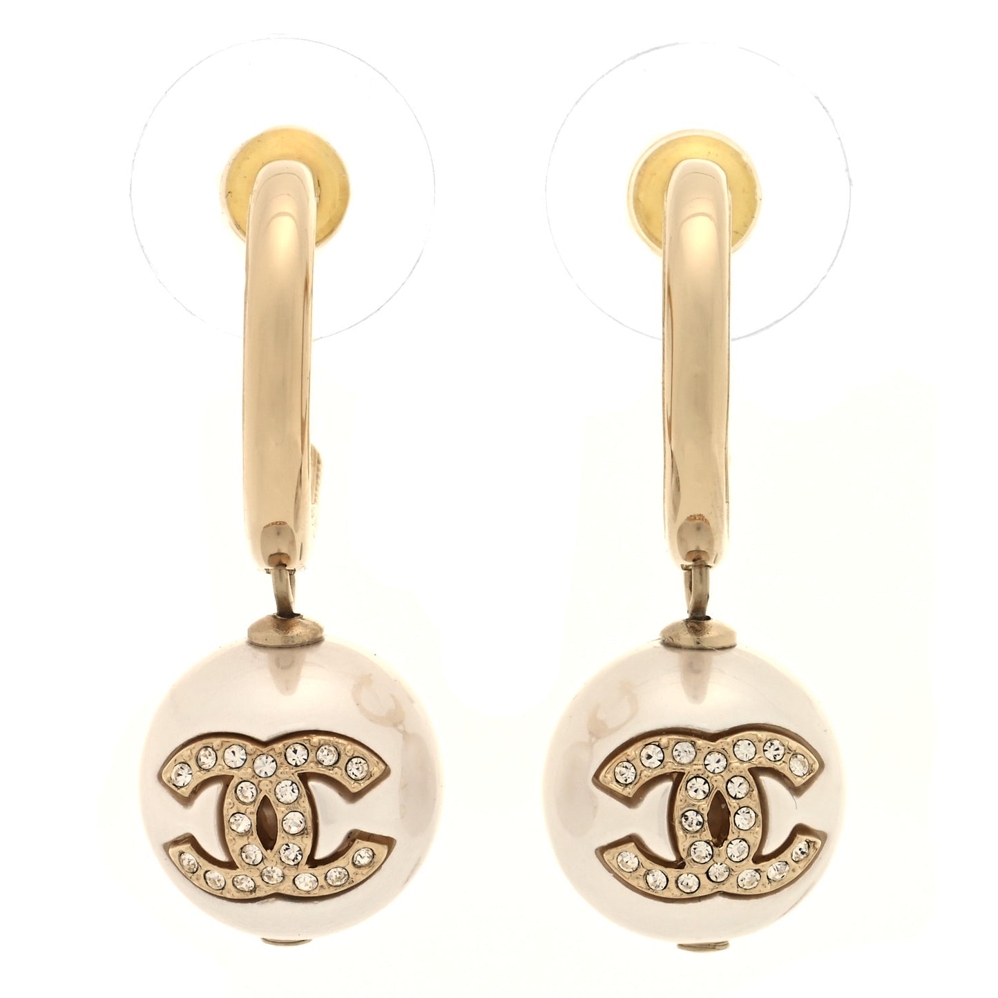 Pearl Crystal CC Drop Earrings Gold Pearly White