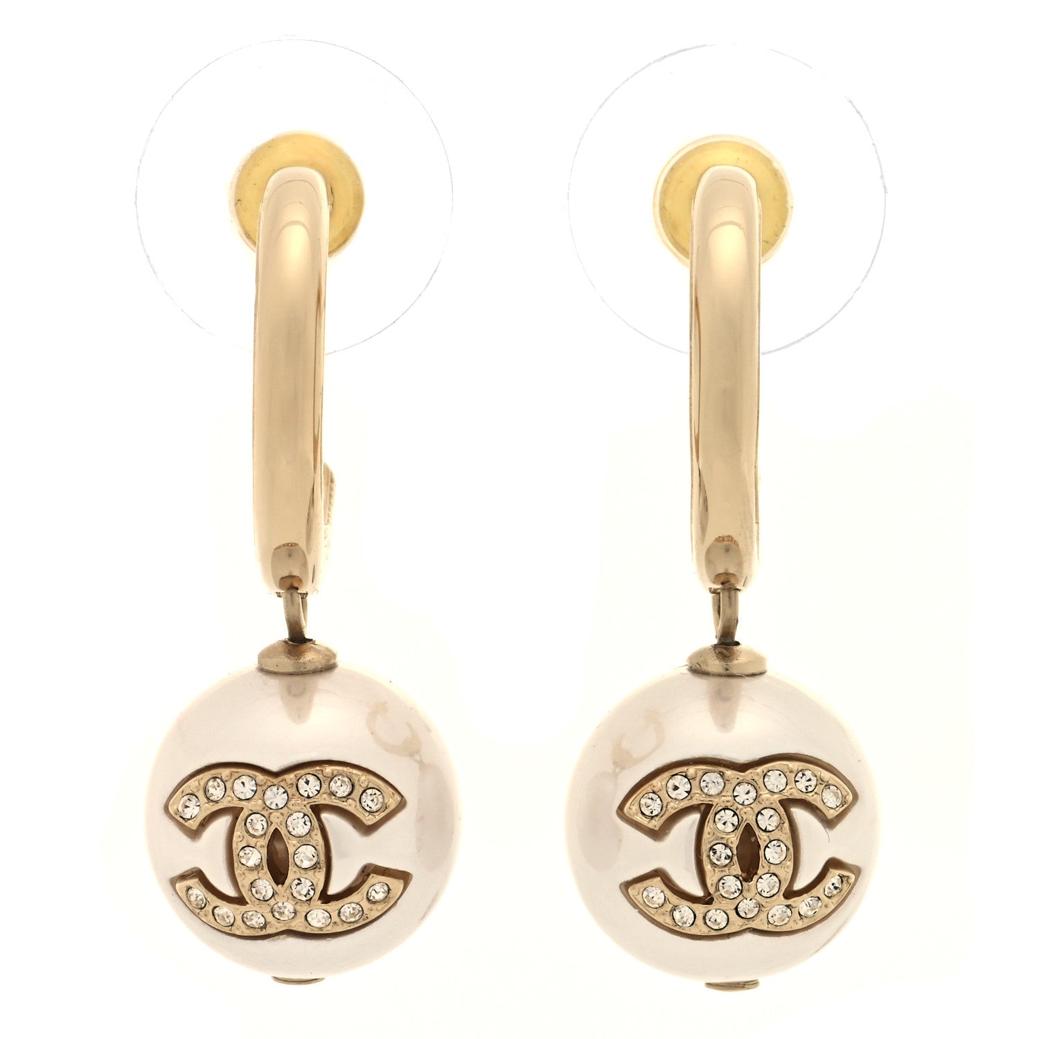 Chanel Pearl Crystal CC Drop Earrings Gold Pearly White 1 of 4