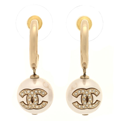 Chanel Pearl Crystal CC Drop Earrings Gold Pearly White 1 of 4