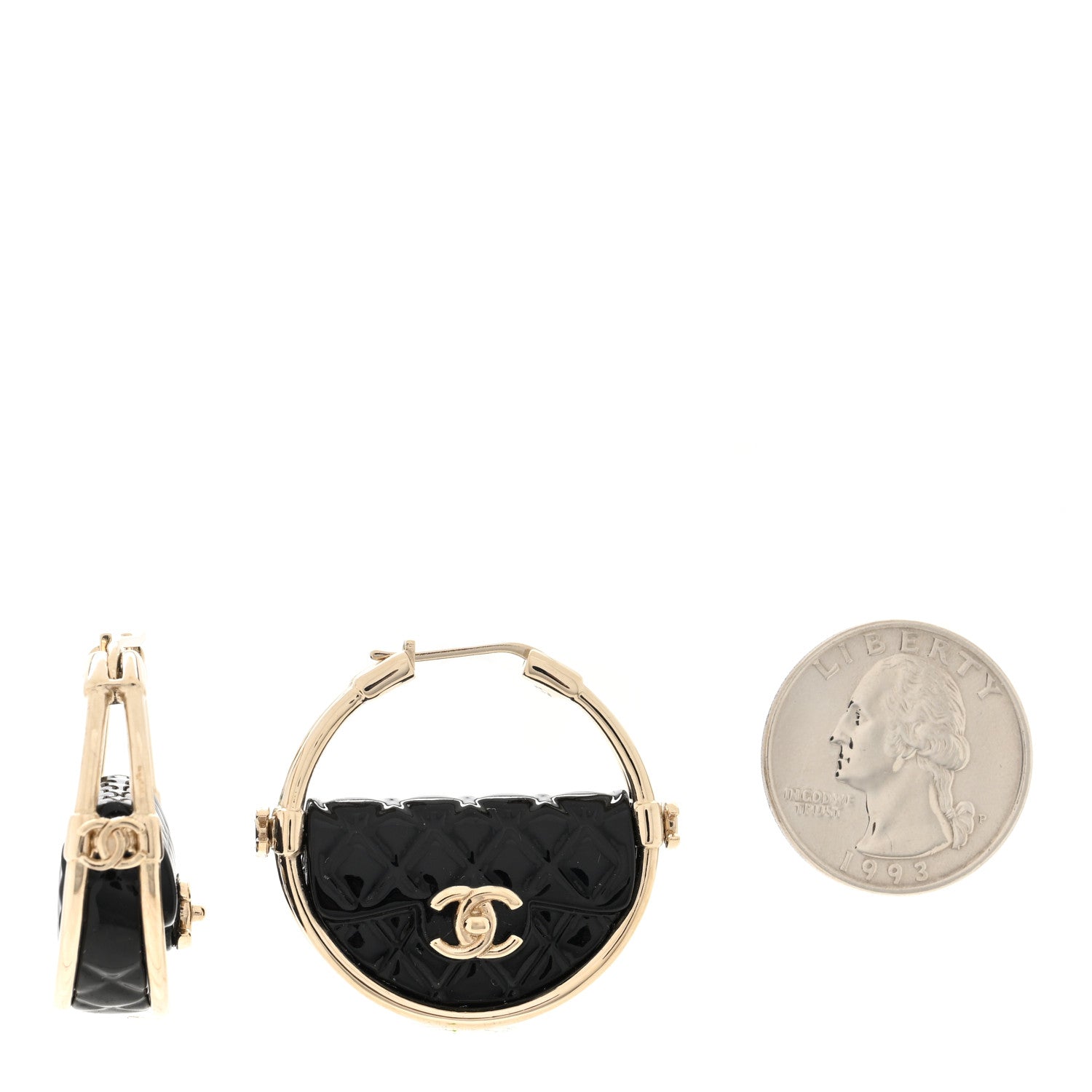 Chanel Metal Resin Quilted Flap Bag Hoop Earrings Black Gold 2 of 5