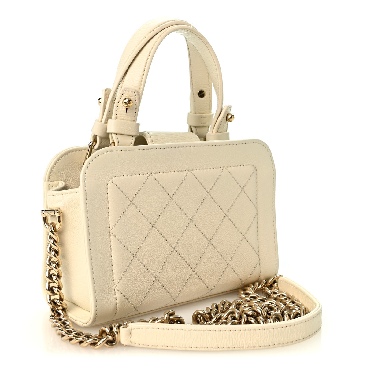 Grained Calfskin Stitched Mini Label Click Shopper Tote White