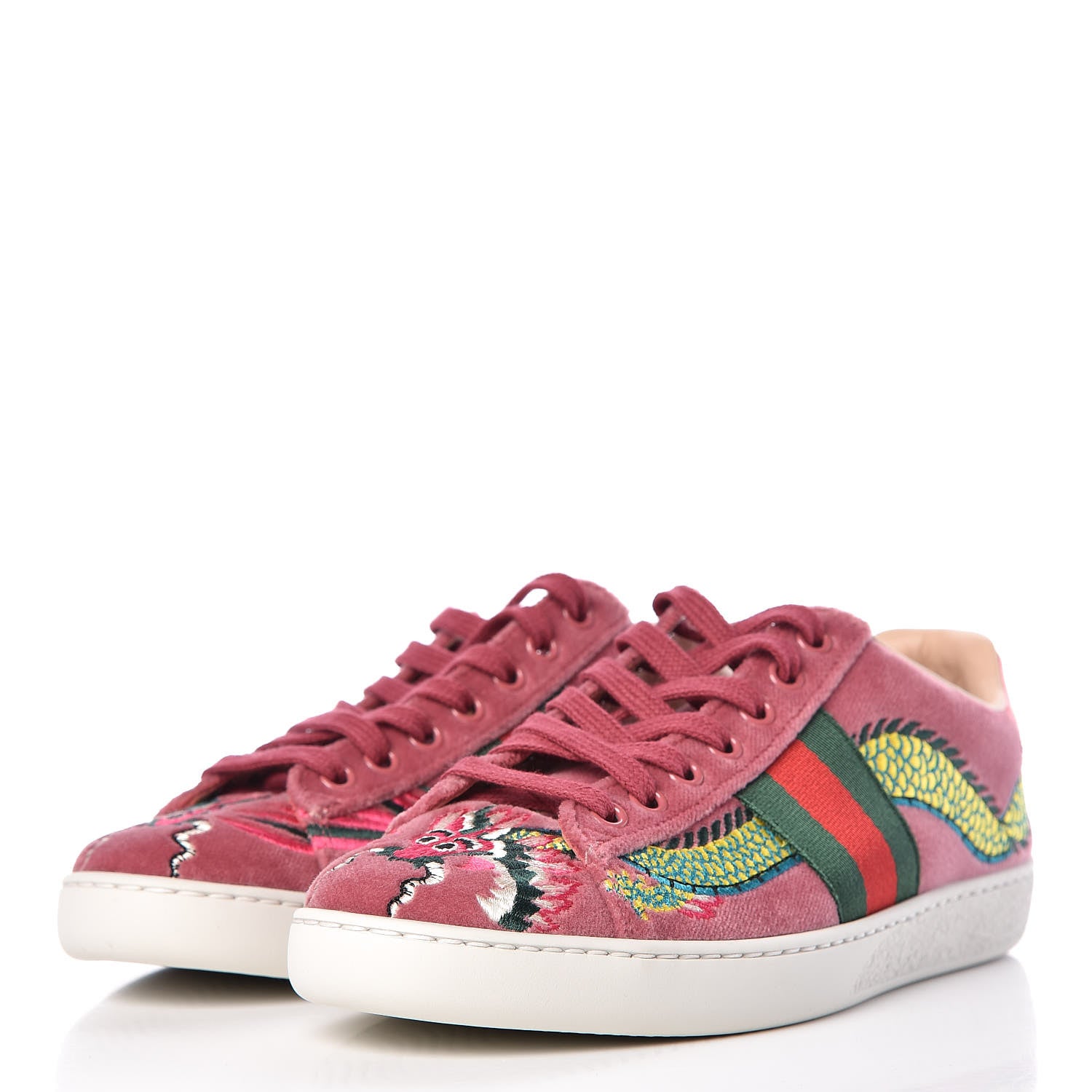 Gucci Velvet Nappa Web Dragon Embroidered Womens Ace Sneakers 35 Tibet Red 3 of 9