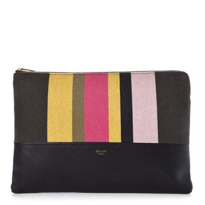 Celine Cotton Canvas Lambskin Striped Solo Clutch Pouch Black 1 of 7
