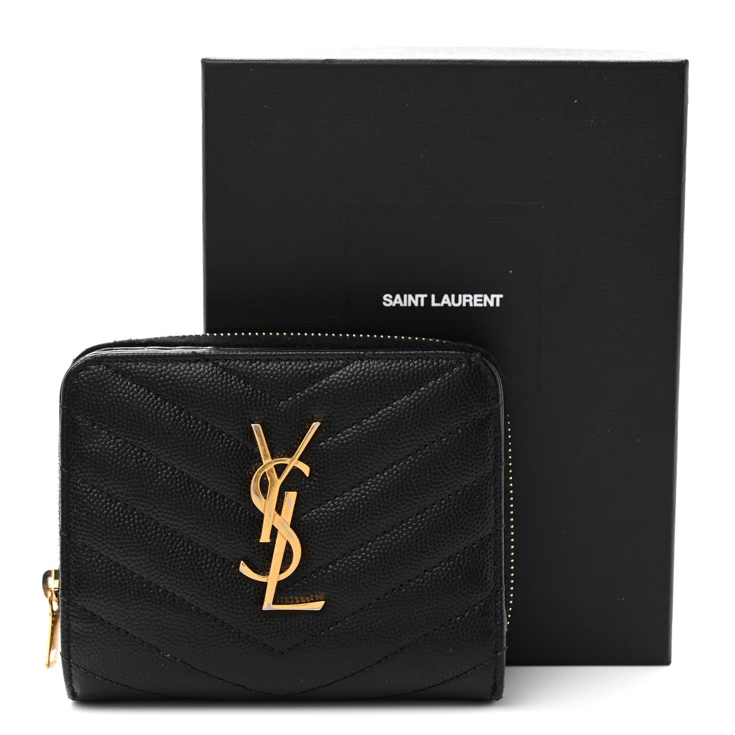 Saint Laurent Grain De Poudre Matelasse Chevron Monogram Compact Zip Around Wallet Black 9 of 9