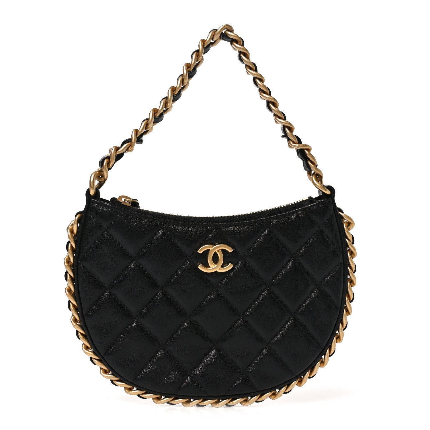 Chanel Shiny Crumbled Lambskin Quilted Round Small CC Hobo Black 1 of 10