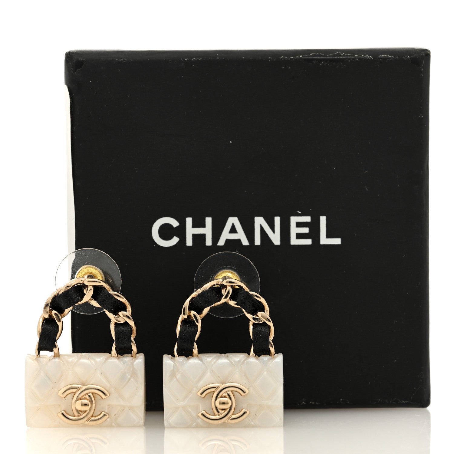 Chanel Metal Resin Lambskin Quilted CC Turnlock Chain Flap Bag Earrings White Gold 5 of 5