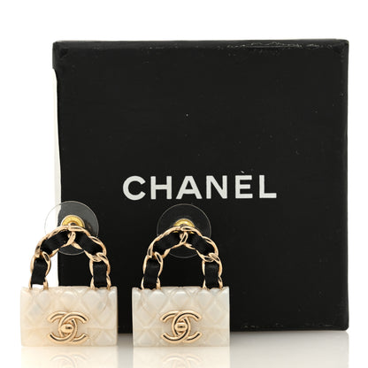 Chanel Metal Resin Lambskin Quilted CC Turnlock Chain Flap Bag Earrings White Gold 5 of 5