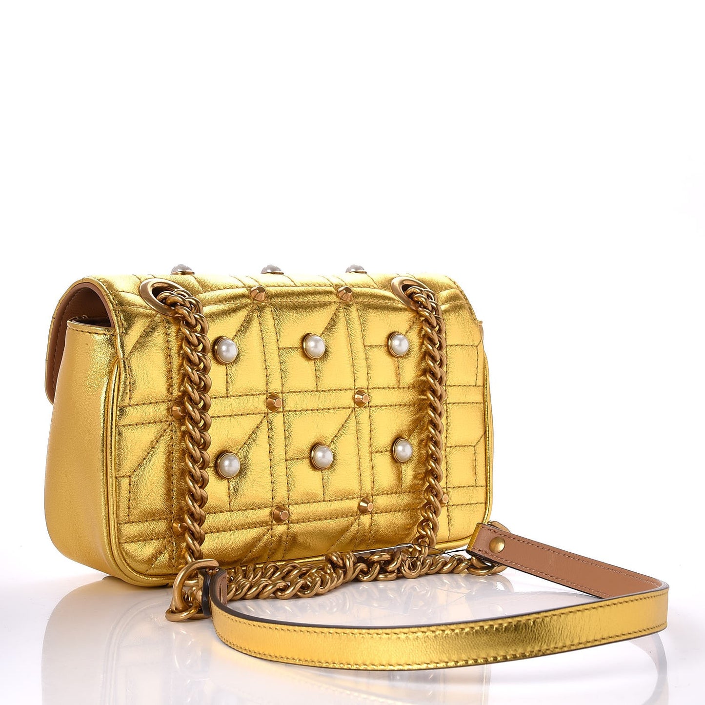 Metallic Calfskin Matelasse Studded Mini Pearly GG Marmont Shoulder Bag Gold