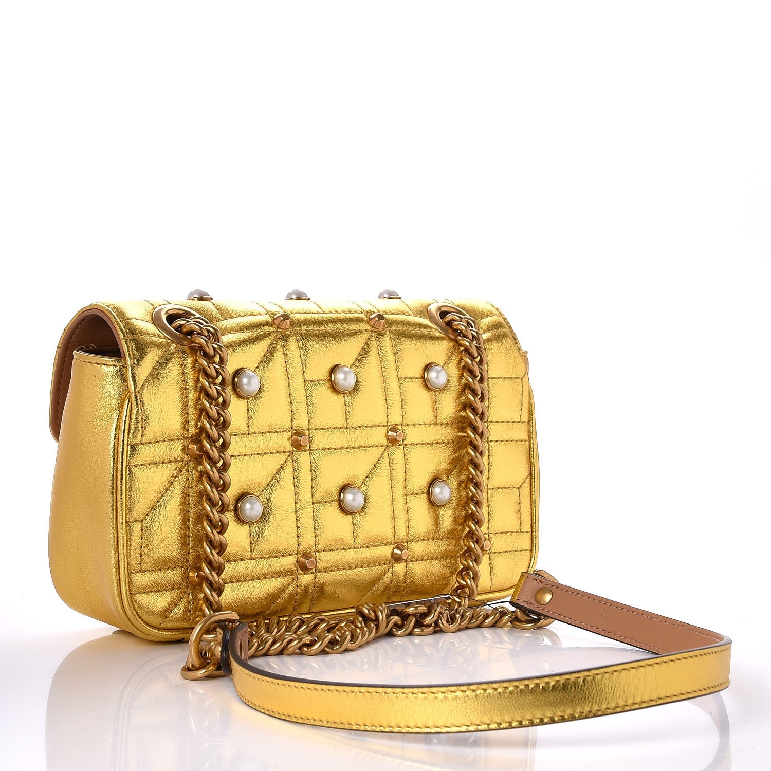 Gucci Metallic Calfskin Matelasse Studded Mini Pearly GG Marmont Shoulder Bag Gold 3 of 7
