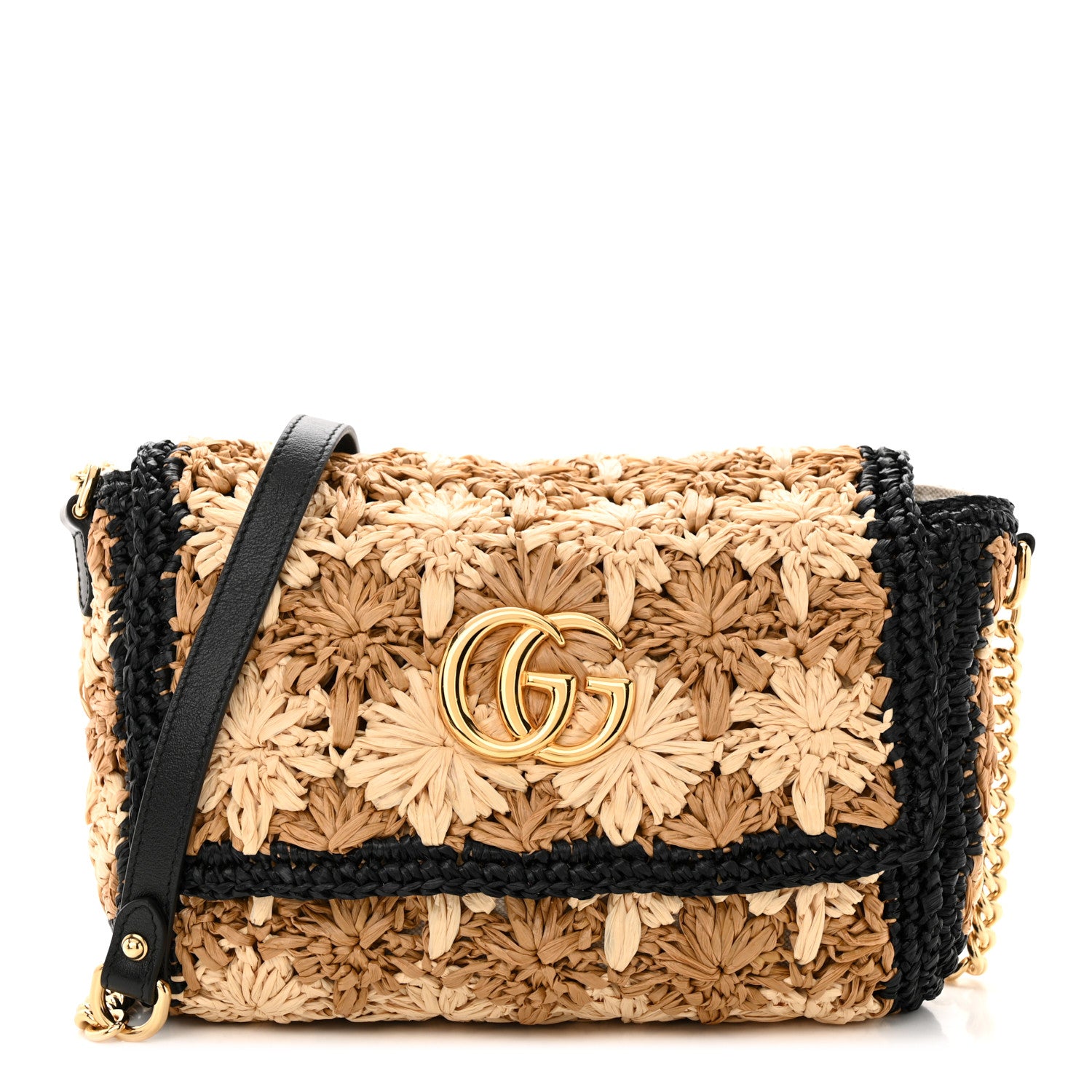 Gucci Raffia Azalea Calfskin Crochet Flower Small GG Marmont Shoulder Bag Natural Ecru Black 1 of 13