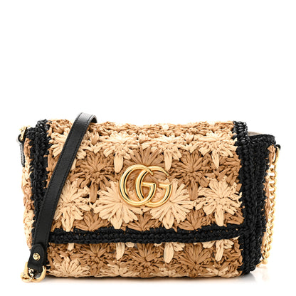Gucci Raffia Azalea Calfskin Crochet Flower Small GG Marmont Shoulder Bag Natural Ecru Black 1 of 13